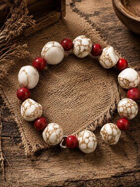 Sana Biden Style Howlite Bracelet Red White Gold Veins Stretch Handmade Beaded